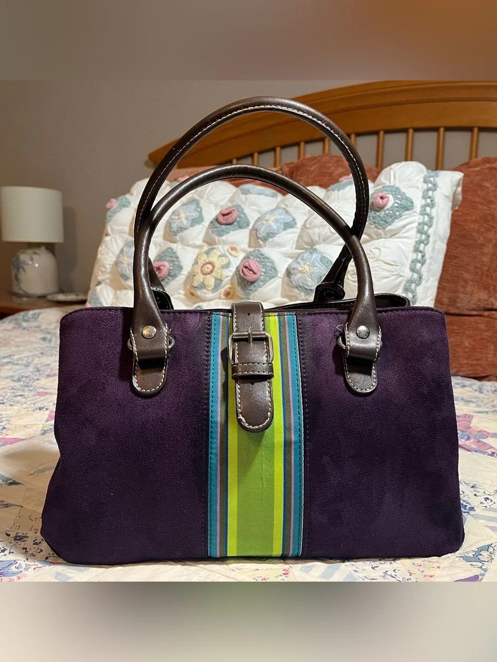 Y2K 2010s Tommy Hilfiger Purple Sueded Satchel Green Stripe and Brown Handles